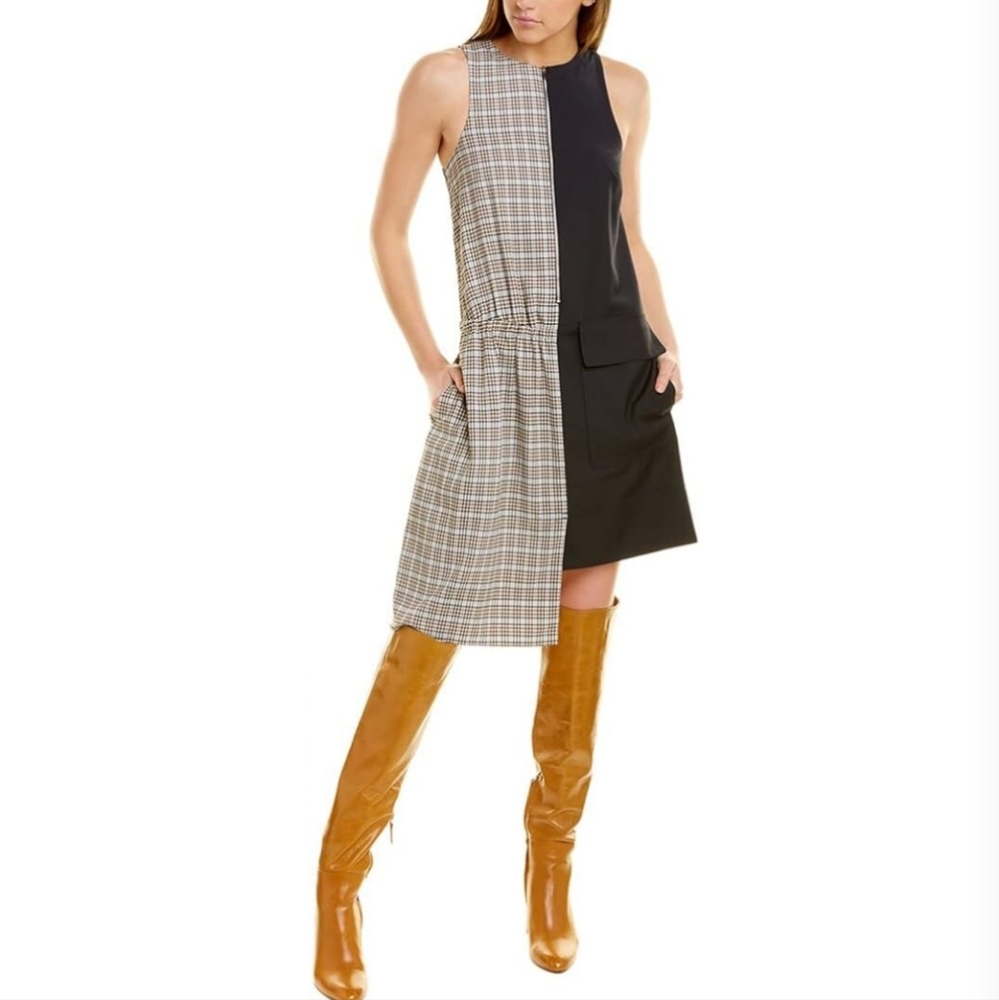 Tibi Women’s Sana Check Asymmetrical Colorblock Dress Spring Quiet Luxury